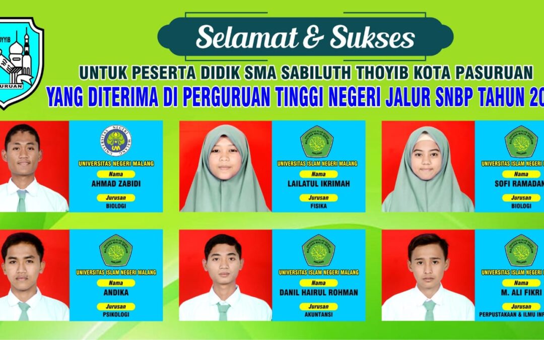 Selamat dan SUKSES untuk Peserta Didik SMA SABILUTH THOYYIB Kota Pasuruan yang diterima di Perguruan Tinggi Negeri Jalur SNBP Tahun 2023